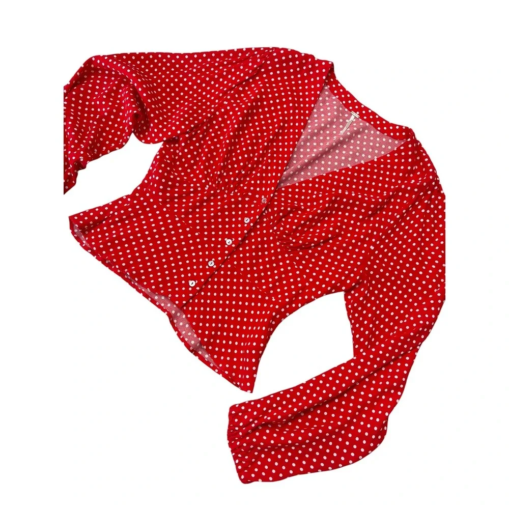 Free People Love Street Red Polka Dot Top S Puff Sleeve Peplum Feminine Retro